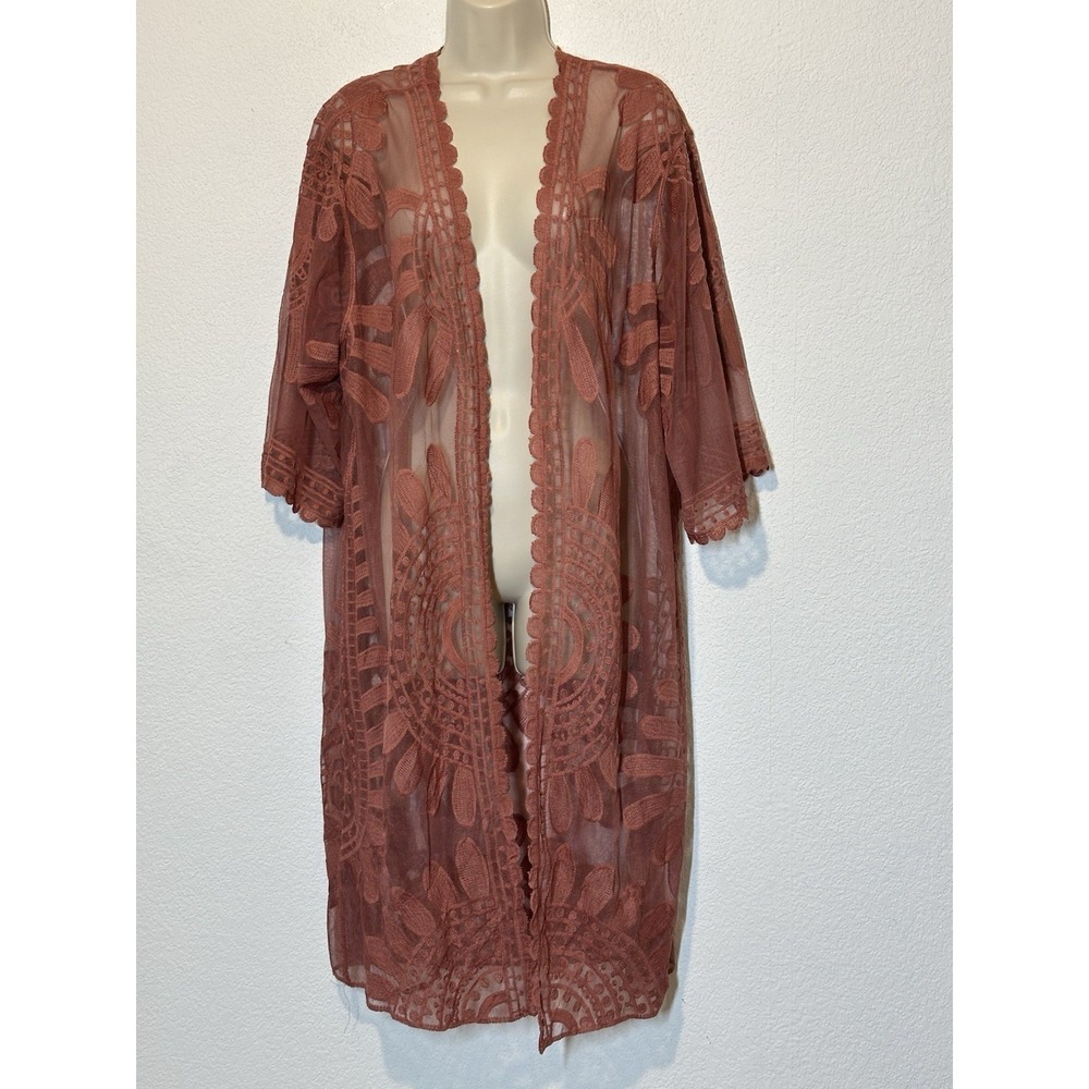 Boho‎ Sheer Embroidered Lace Pink Kimono Duster Beach Cover UpOne Size